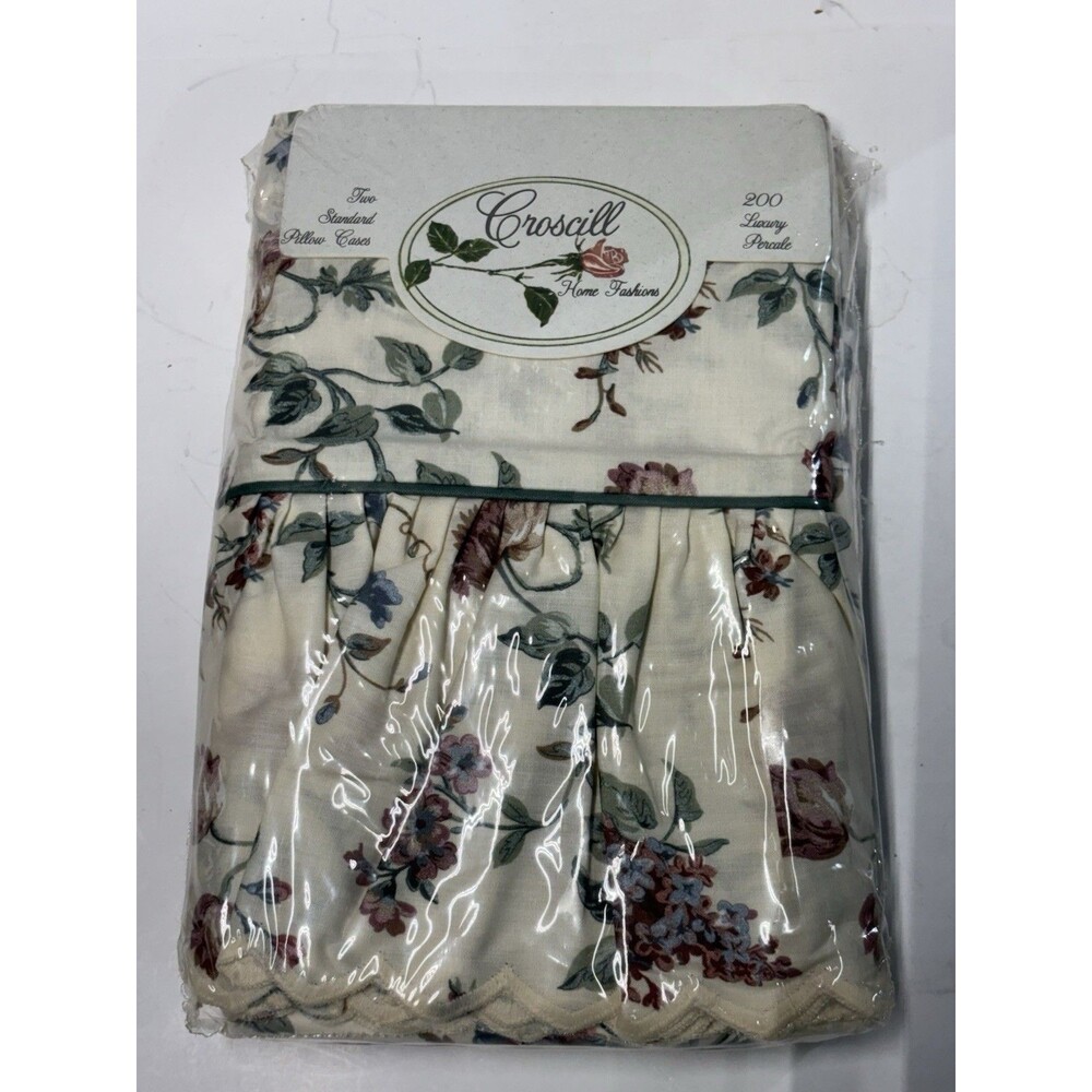 Vintage Croscill Floral Standard Pillowcases NOS 200 Percale Ruffled 1 Pair